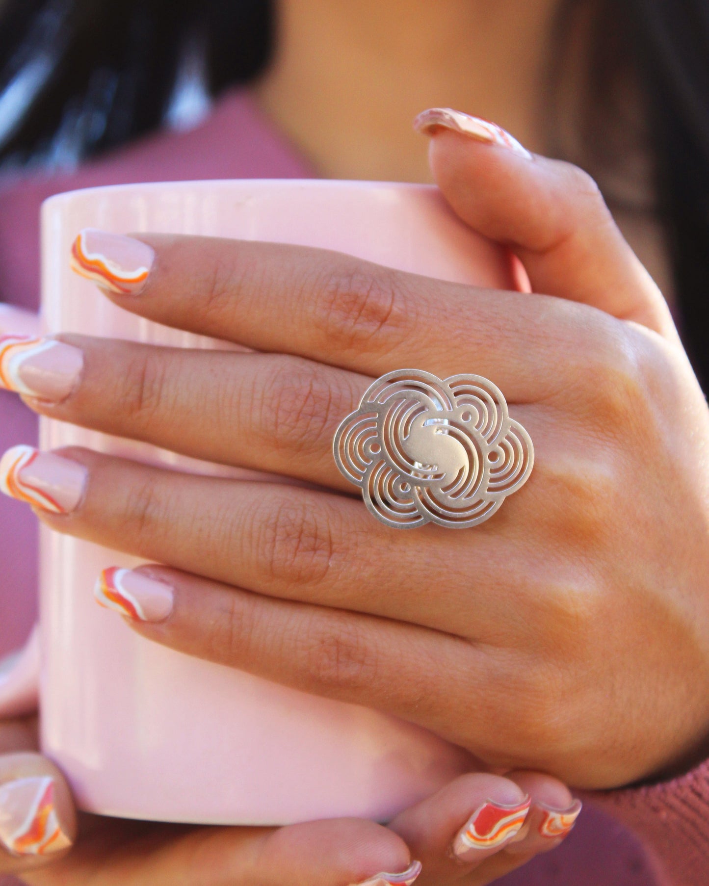 Anillo flor calado circular láser  - Plata