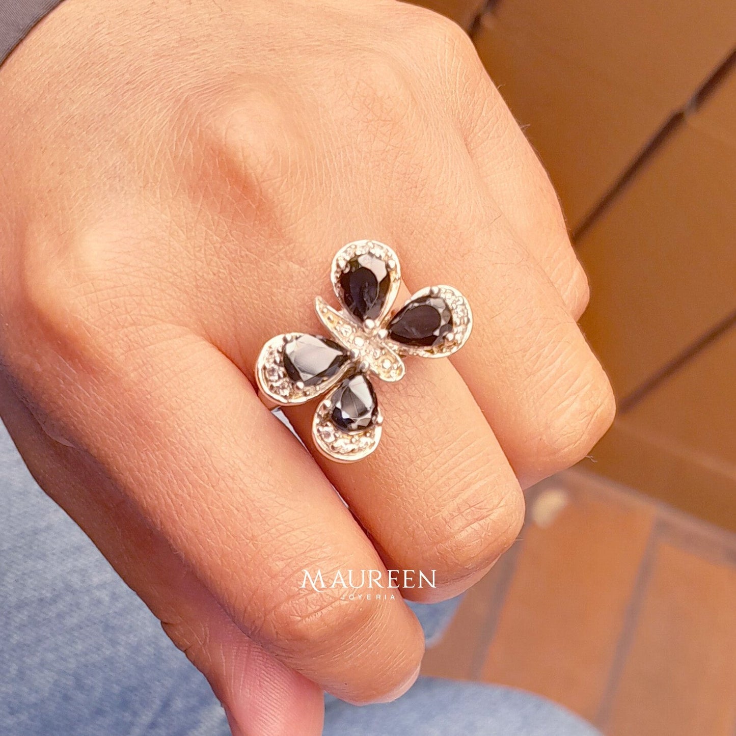 Anillo Mariposa con piedra onix - Plata