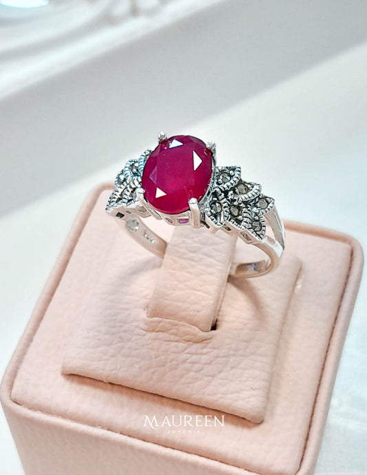 Anillo marquesita piedra rubi con hojas - Plata