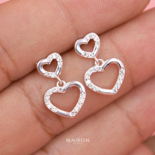 Arete doble corazón circón colgante - Plata