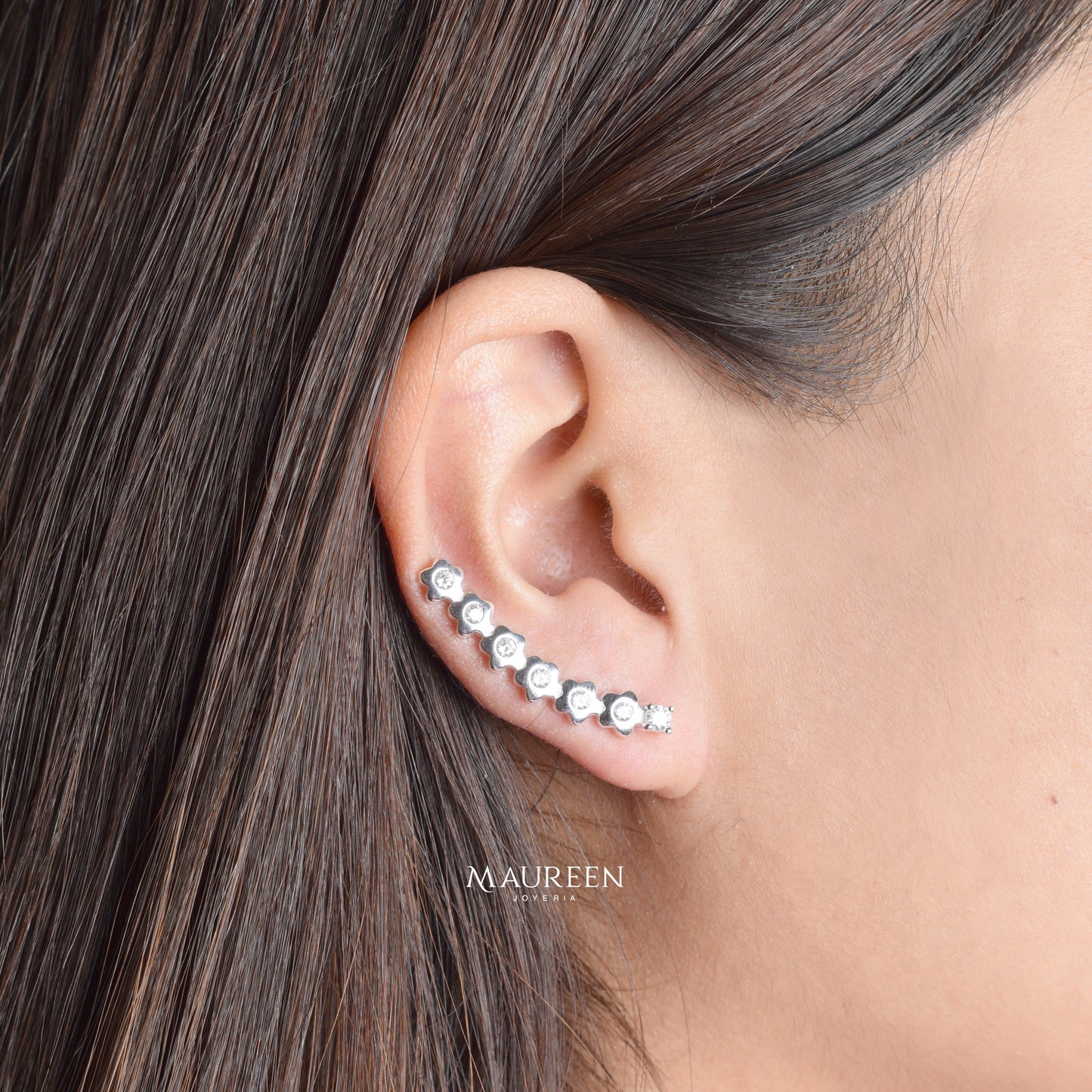 Arete trepador flores con circon - Plata