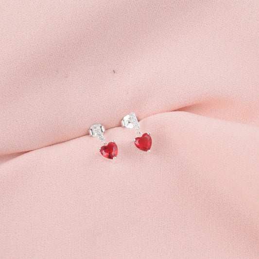 Arete corazon rojo con mini circones - Plata