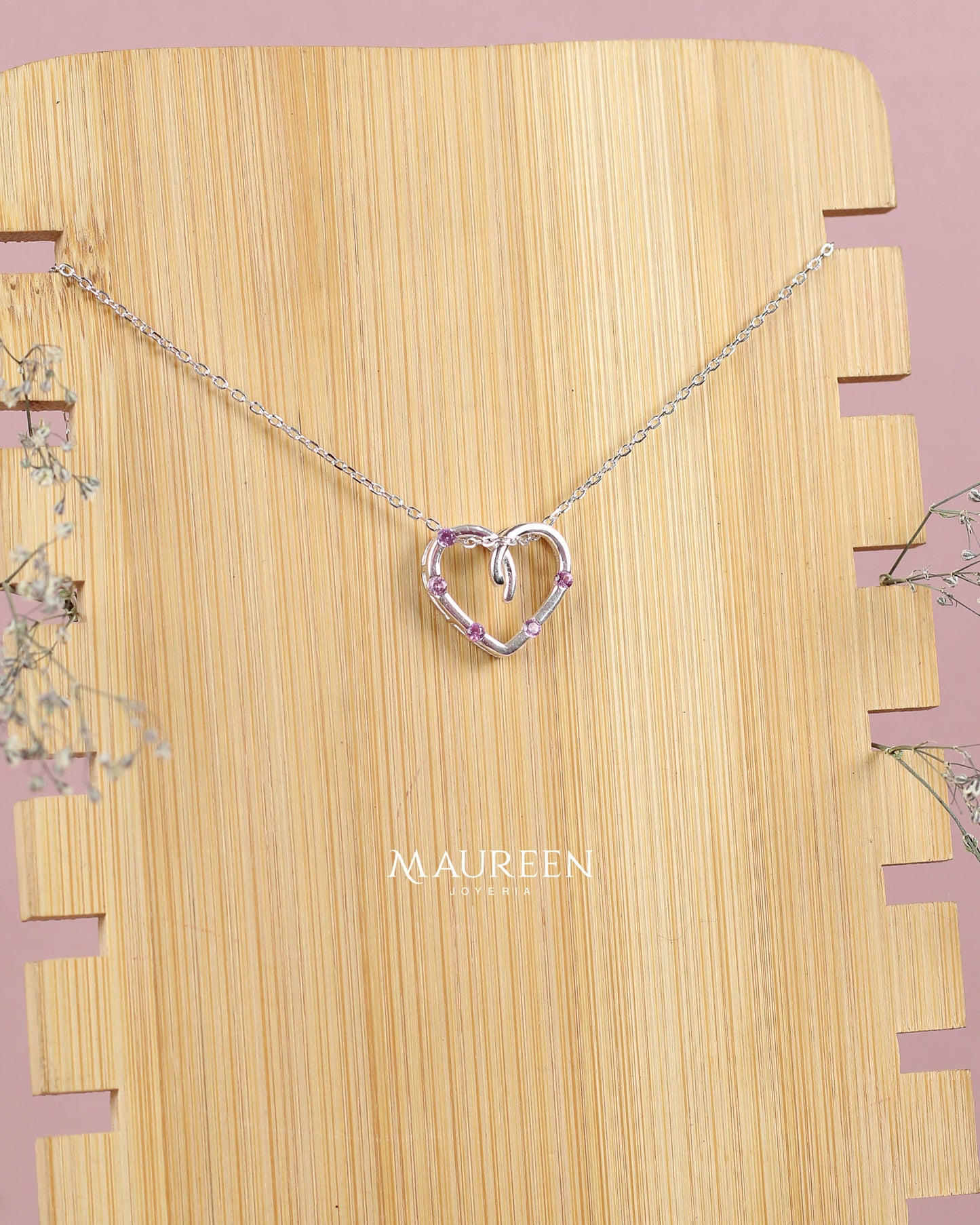 Collar corazón con circones rosas - Plata