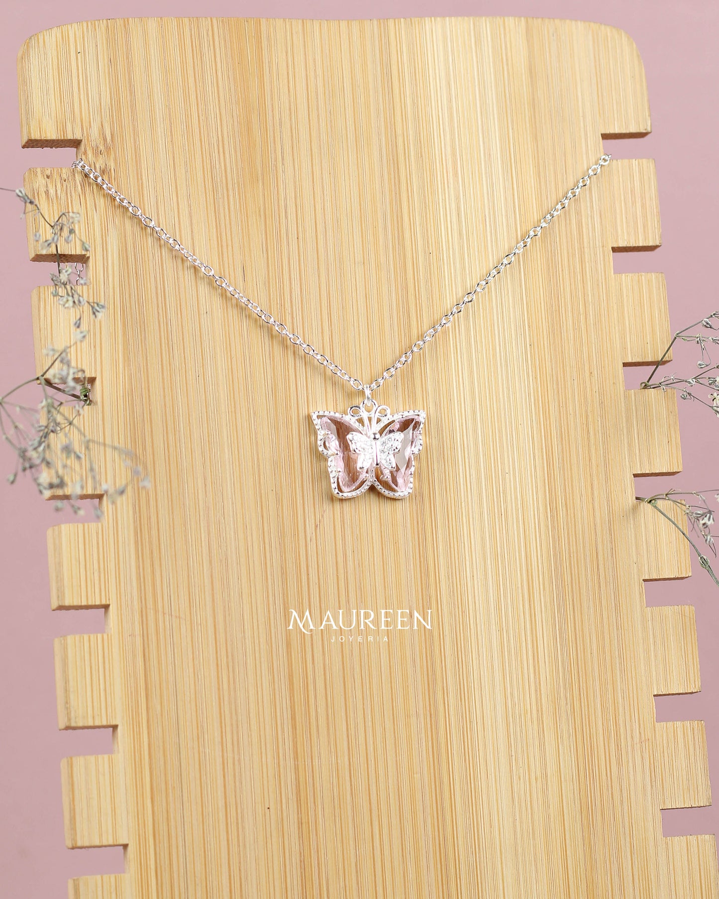 Collar mariposa piedra rosa de francia - Plata