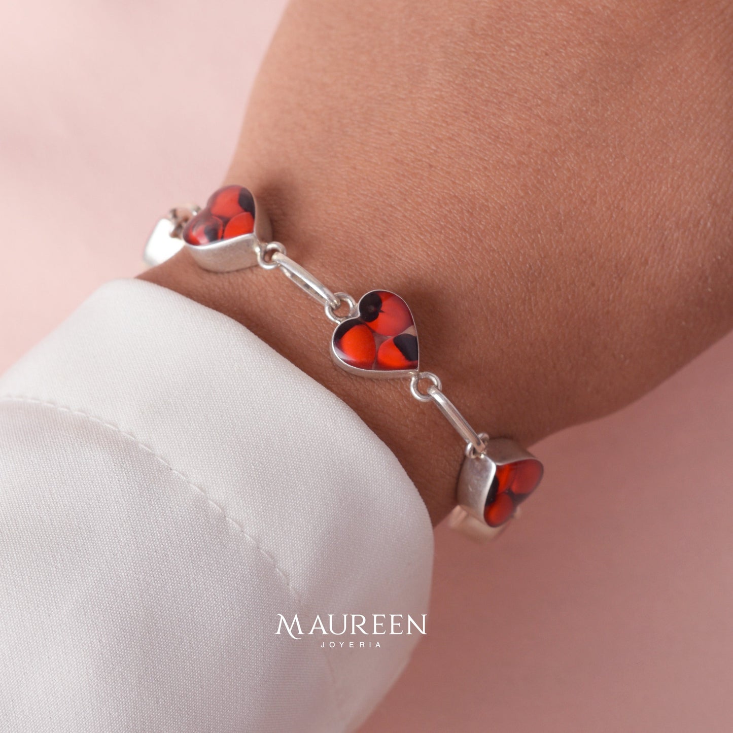 Pulsera corazones de huayruro  - Plata