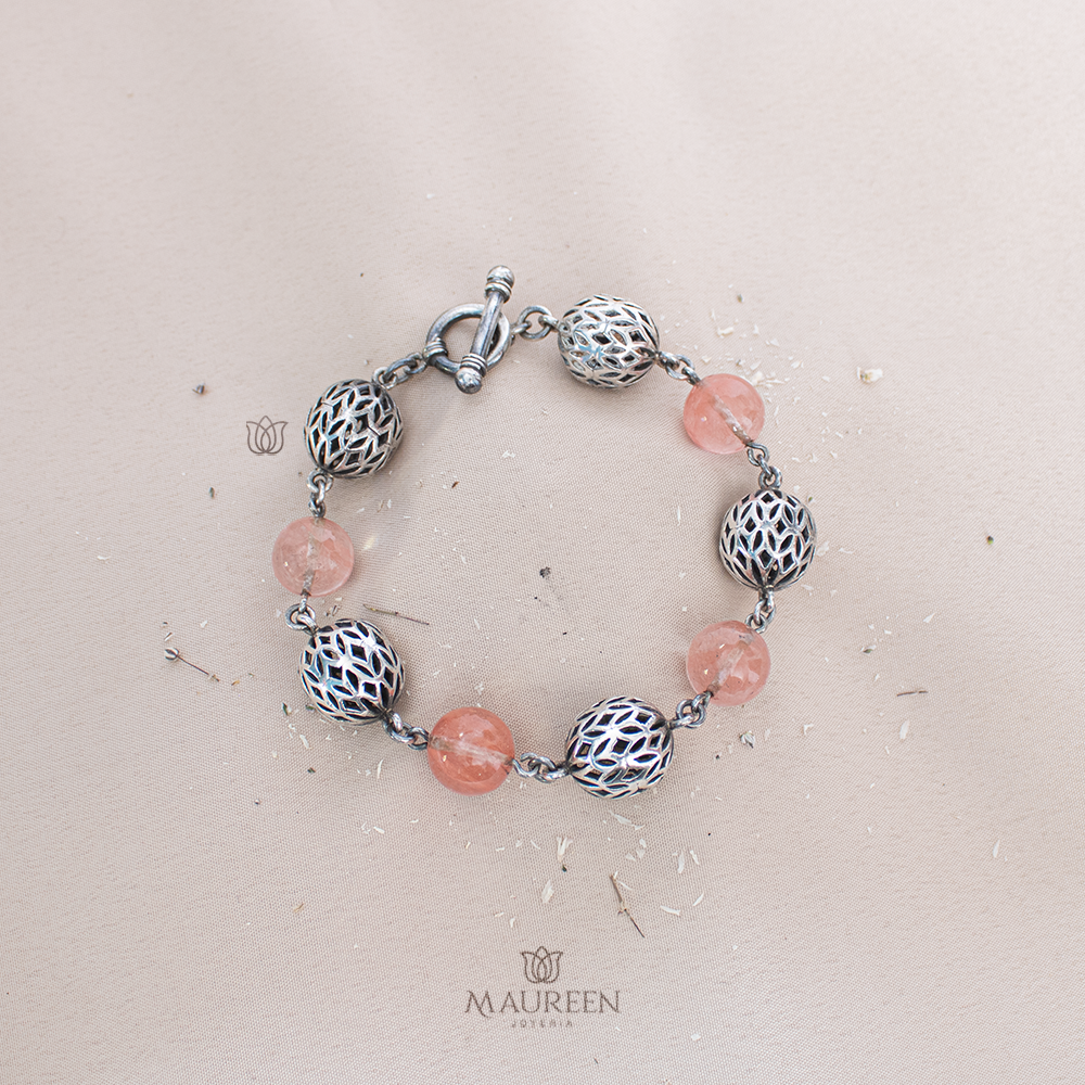 Pulsera piedra coral con esferas tejidas - Plata quemada