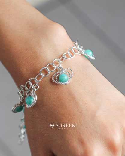 Pulsera corazones con piedras naturales - plata