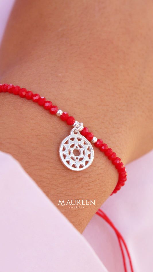 Pulsera de hilo y murano rojo dije sol  - Plata