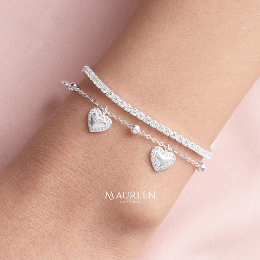 Pulsera tennis con corazon de circones - Plata