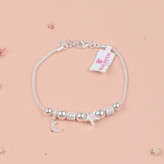 Pulsera cola de ratón estrella y luna con circones - Plata