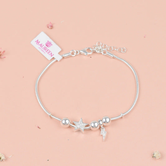 Pulsera cola de ratón estrella y rayo con circones - Plata