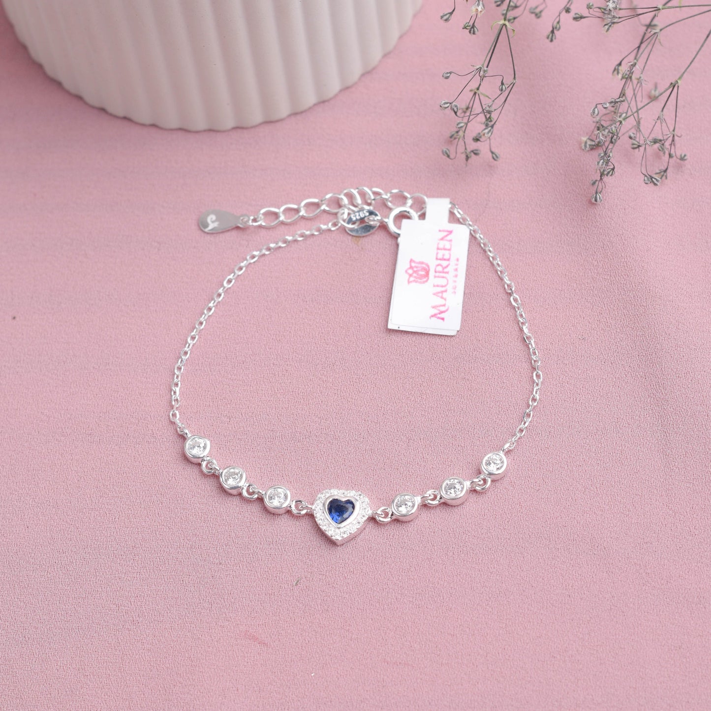 Pulsera corazón zafiro con circones - Plata