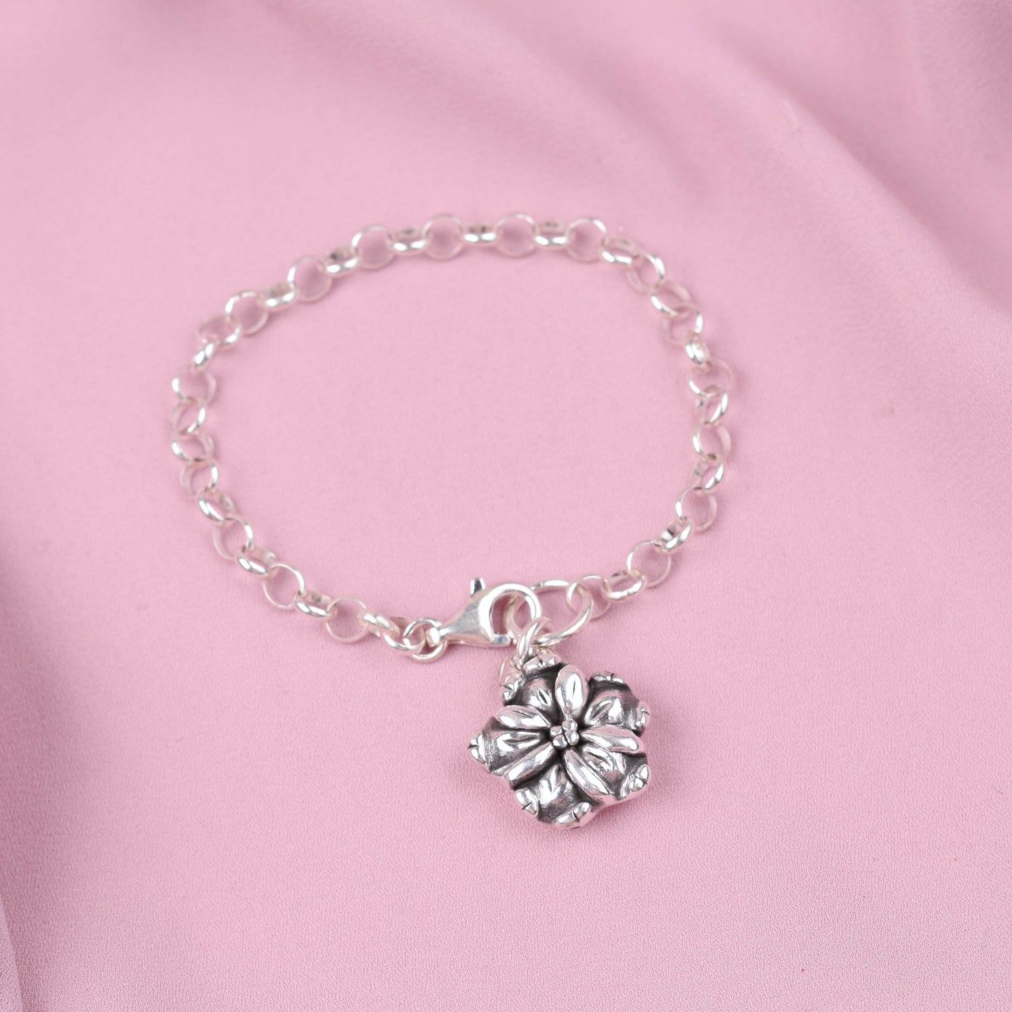 Pulsera de flor y cadena electroformatura - Plata quemada