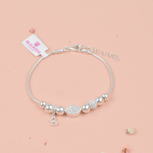 Pulsera cola de raton con dije doble corazón  - Plata