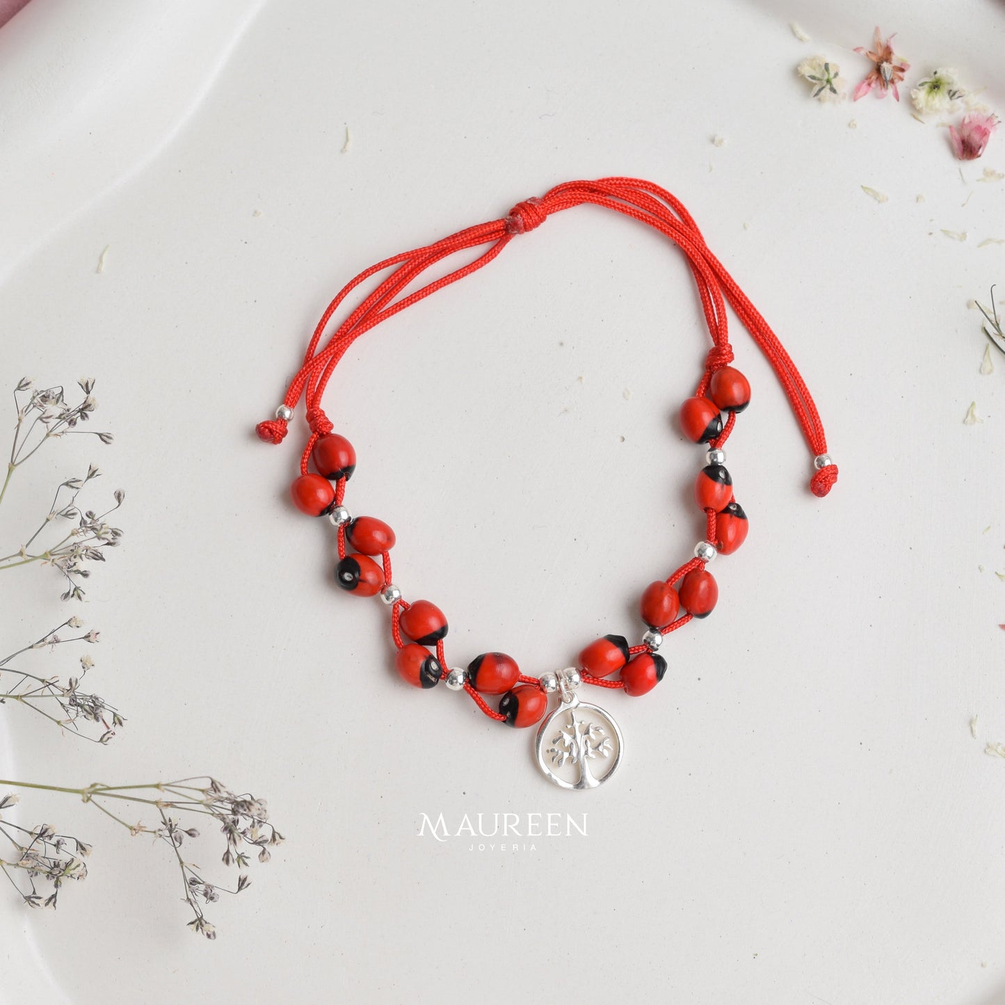 Pulsera de huayruro hilo rojo dije arbol de la vida - Plata