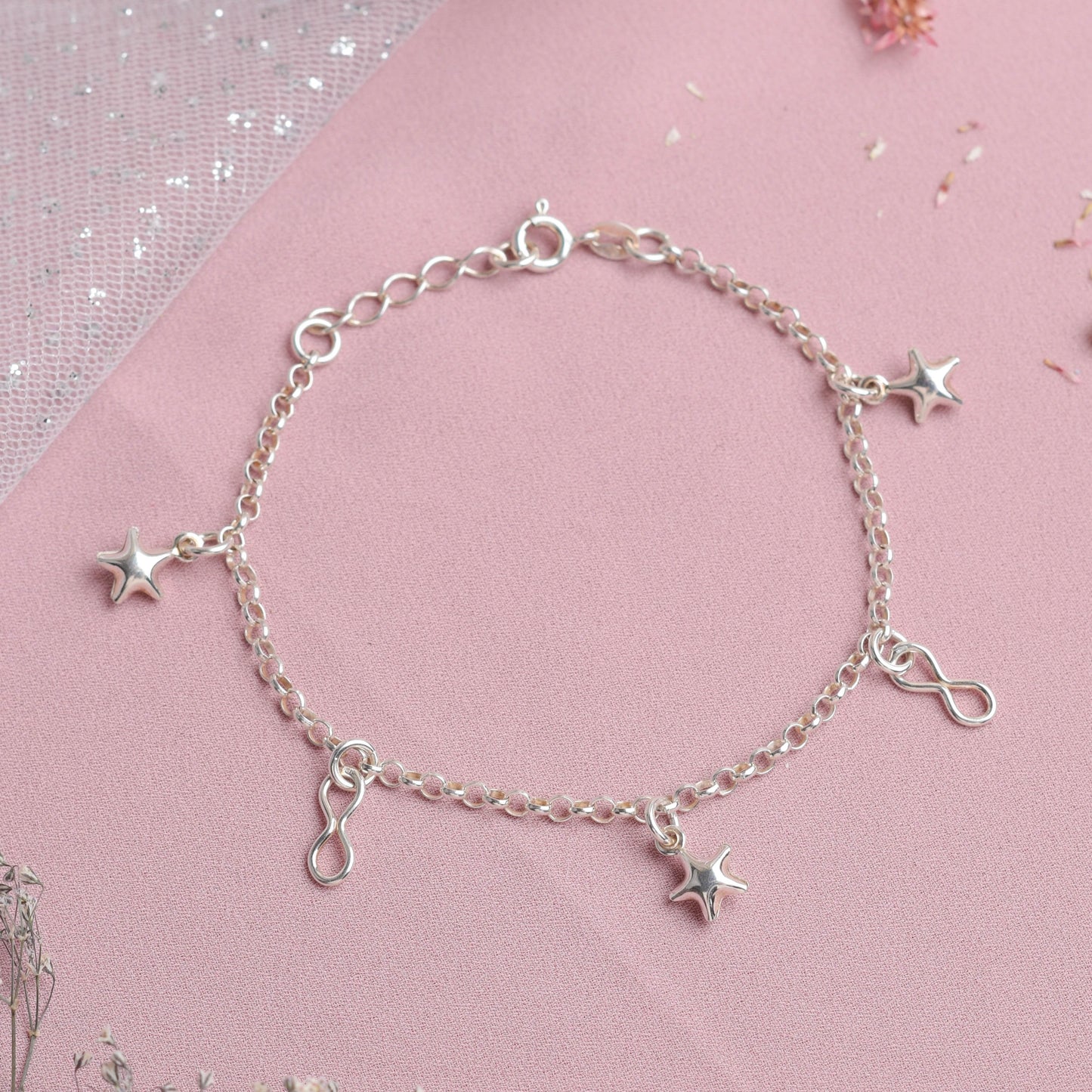 Pulsera dijes estrella e infinito - Plata