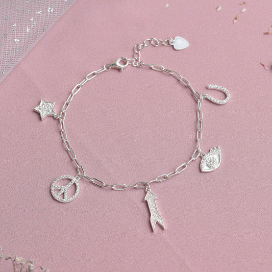 Pulsera dijes ojo turco, amor y paz y estrella - Plata