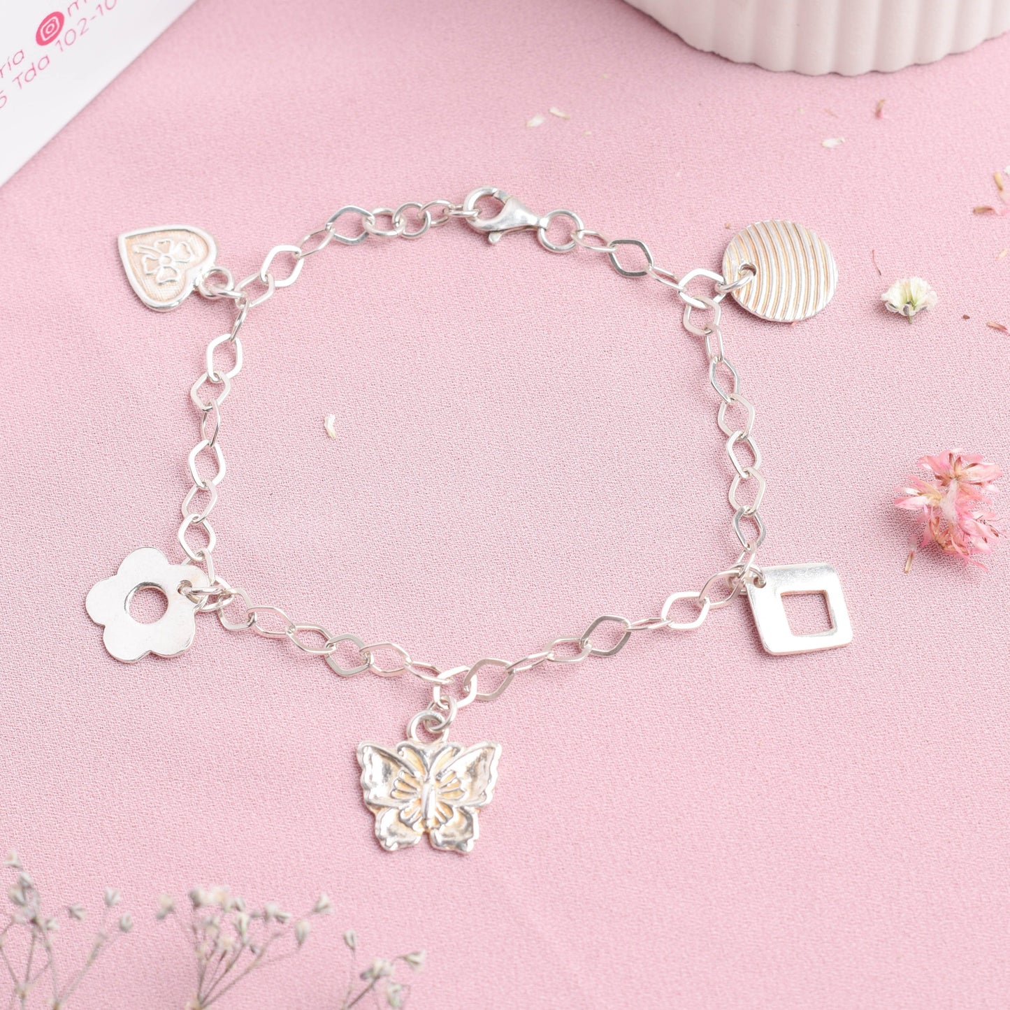 Pulsera mariposa flor corazón - Plata