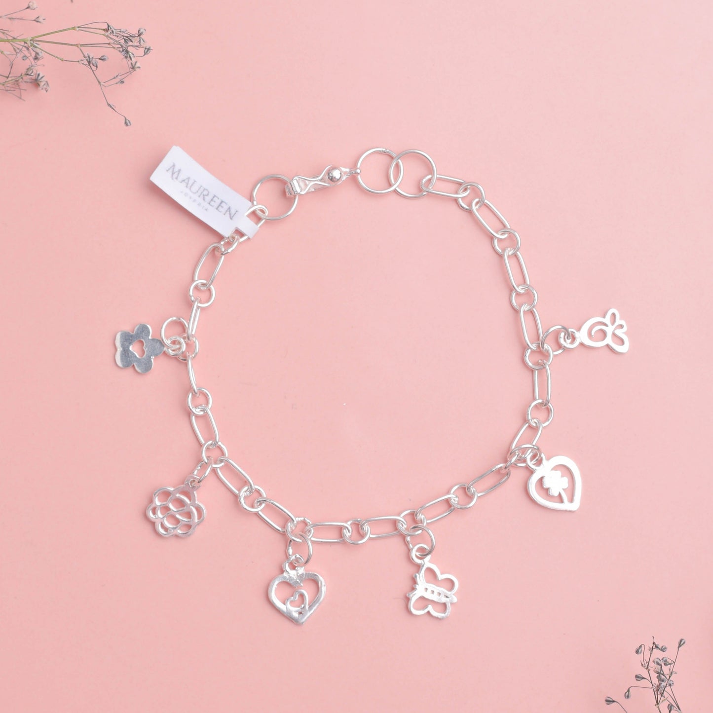 Pulsera dijes de flores, corazón y mariposa - Plata