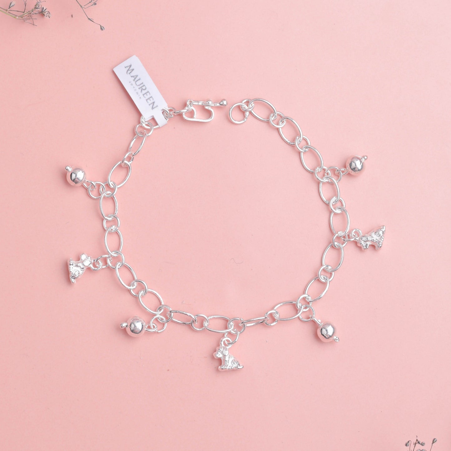 Pulsera dijes perro con esferas - Plata