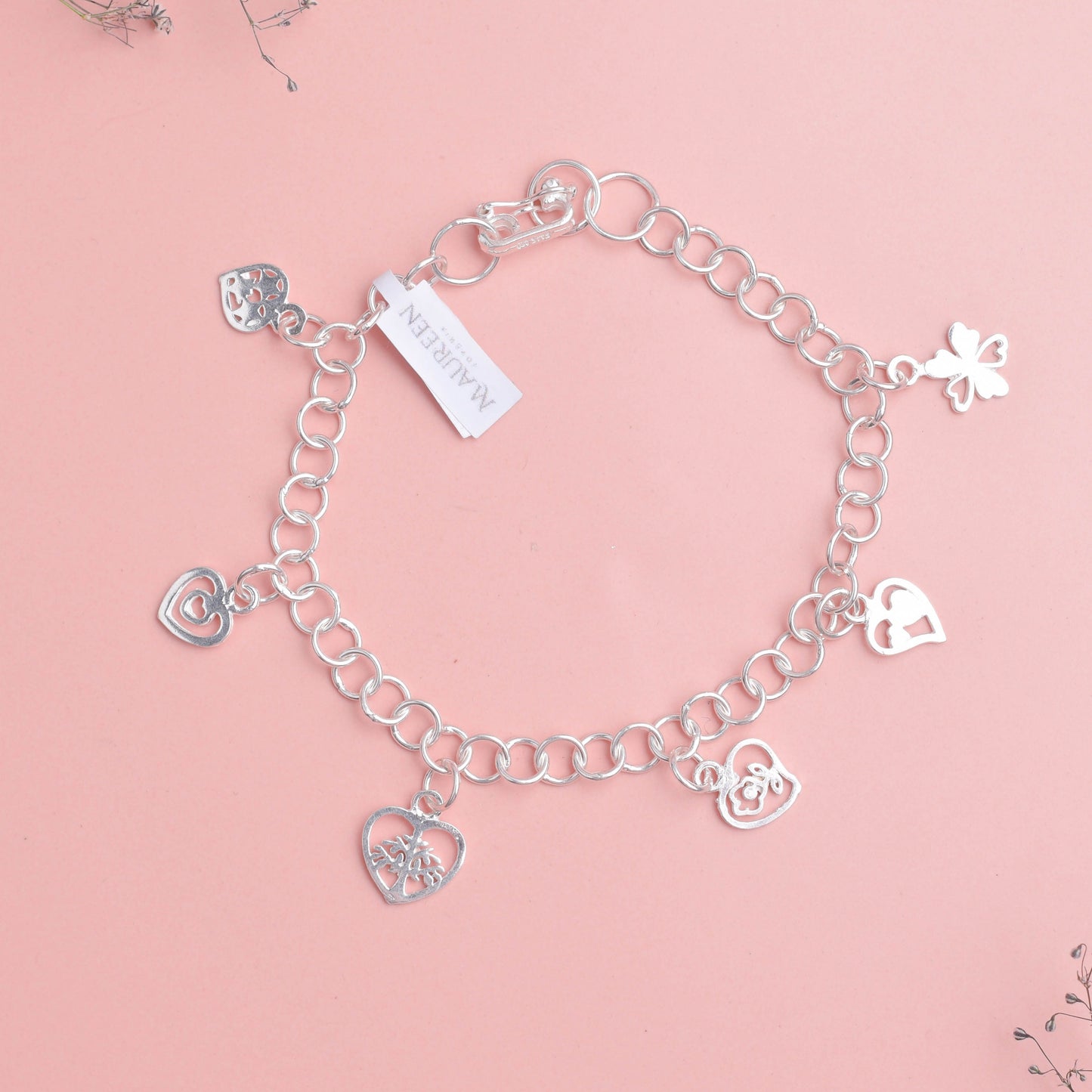 Pulsera dijes arbol, rosas y corazón - Plata