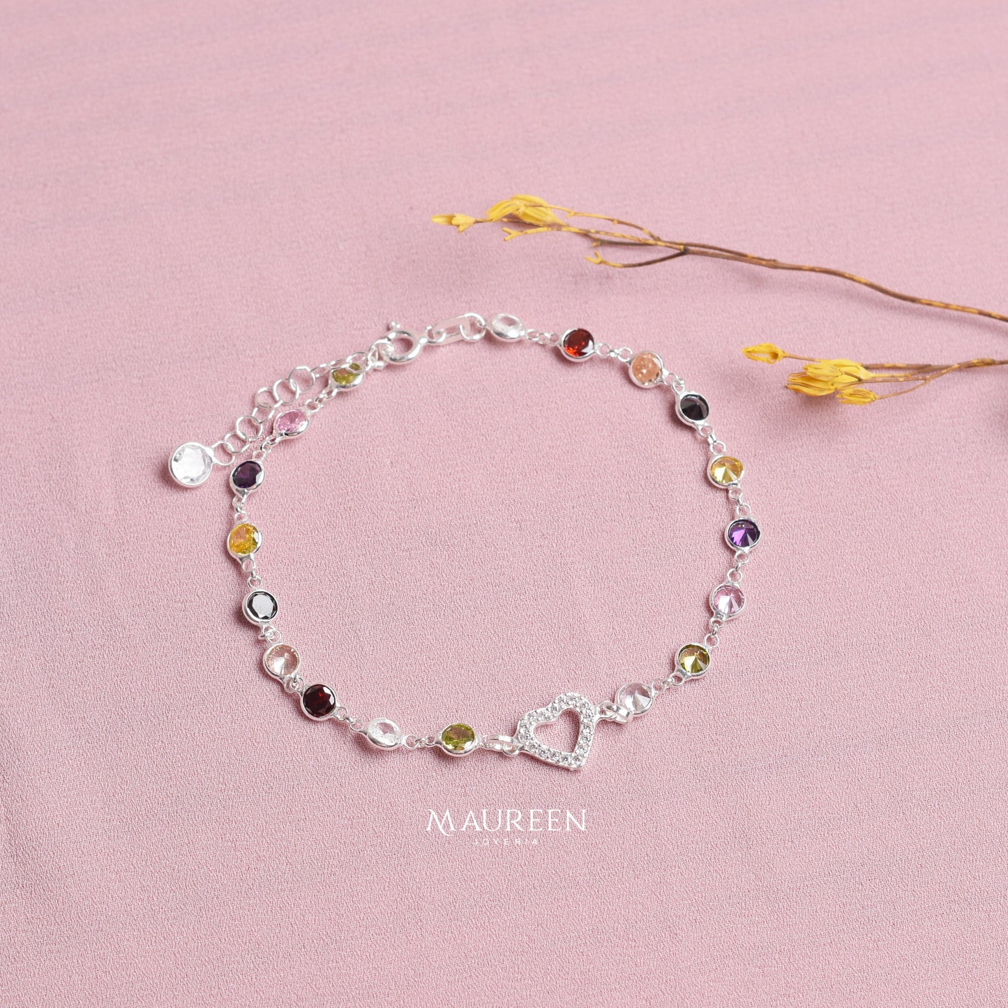 Pulsera corazón con circones de colores - Plata