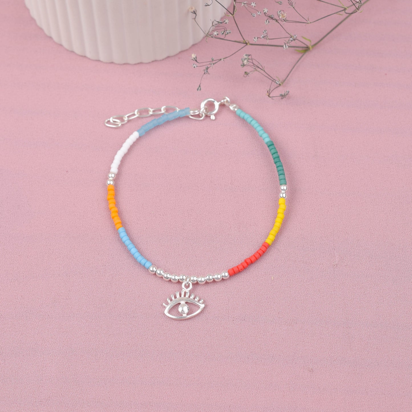 Pulsera ojo turco y muranos de colores -  Plata