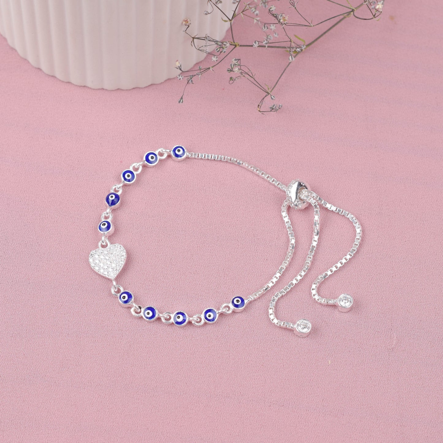 Pulsera regulable corazón con circones y ojo turco  -  Plata