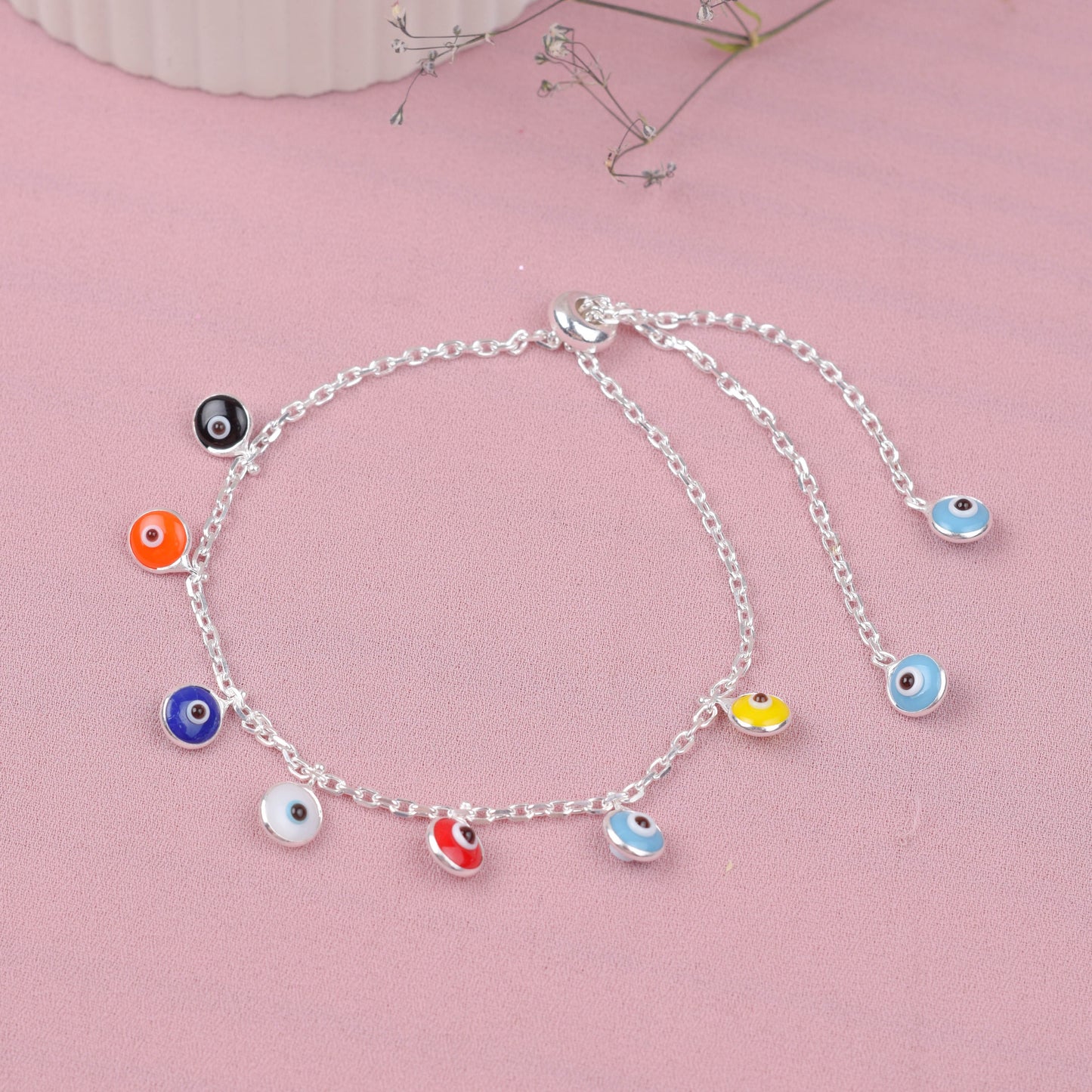 Pulsera regulable dijes de ojo turco de colores -  Plata