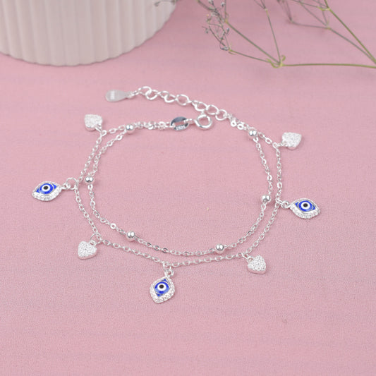 Pulsera ojo turco azules con doble cadena -  Plata