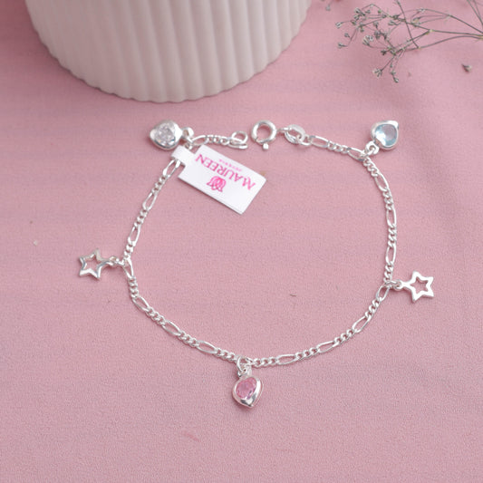 Pulsera dije estrella y corazones  - Plata