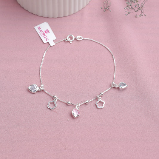 Pulsera dijes de flor con corazones  - Plata