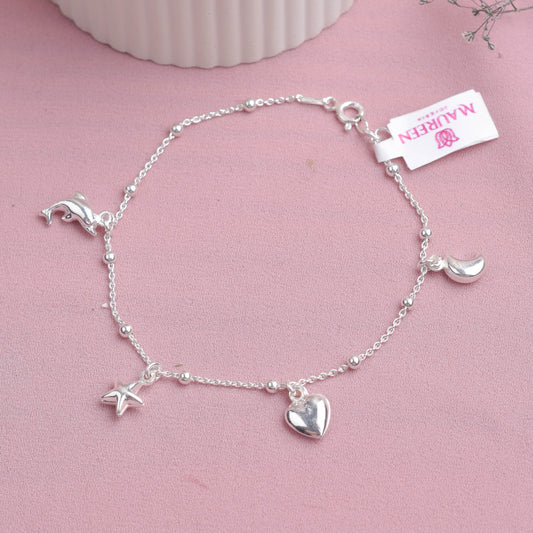 Pulsera dijes corazón, luna y delfin - Plata