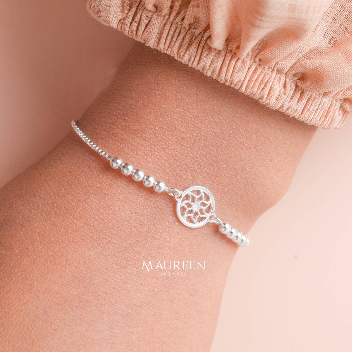 Pulsera regulable flor con esferas - Plata