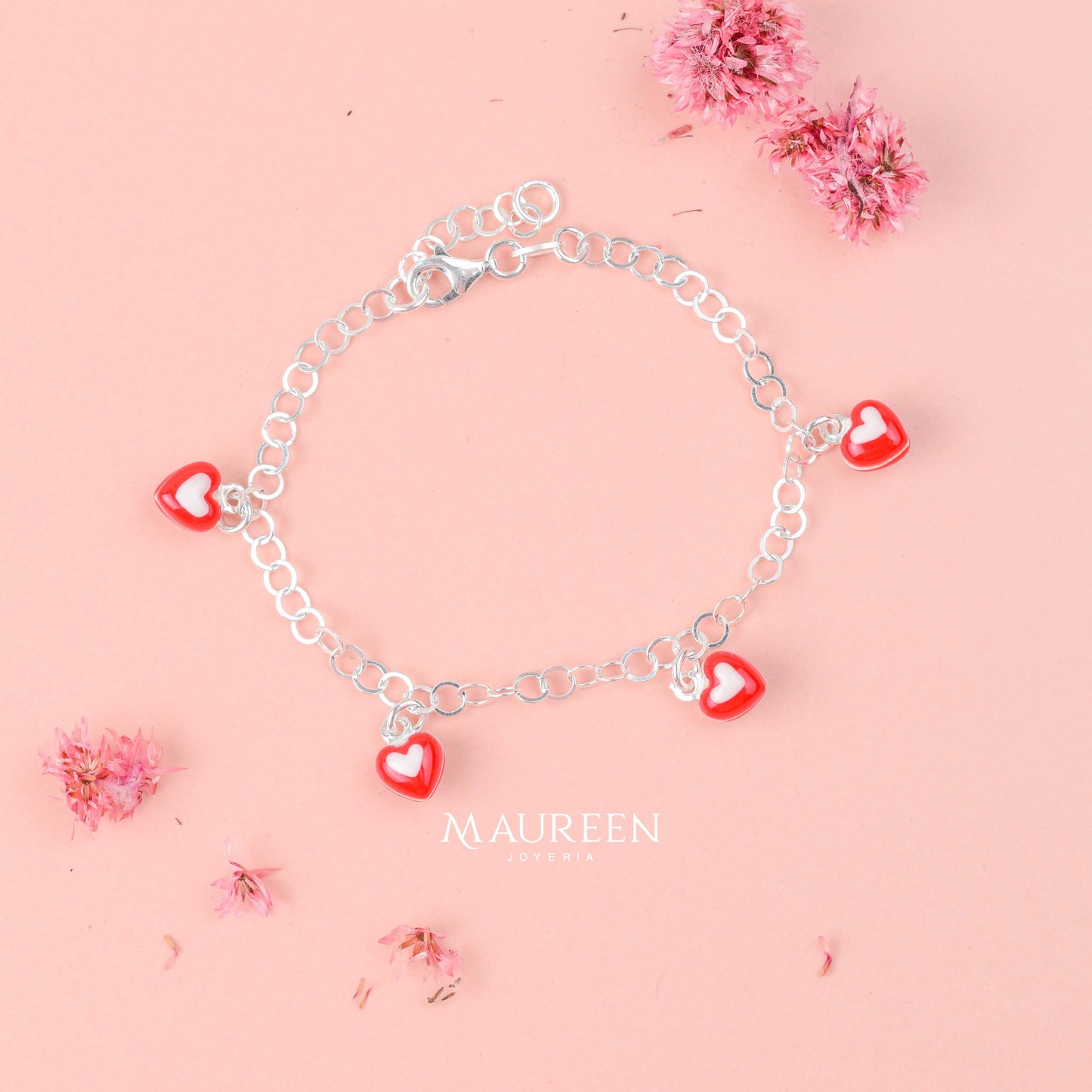 Pulsera para niñas dijes corazones- Plata