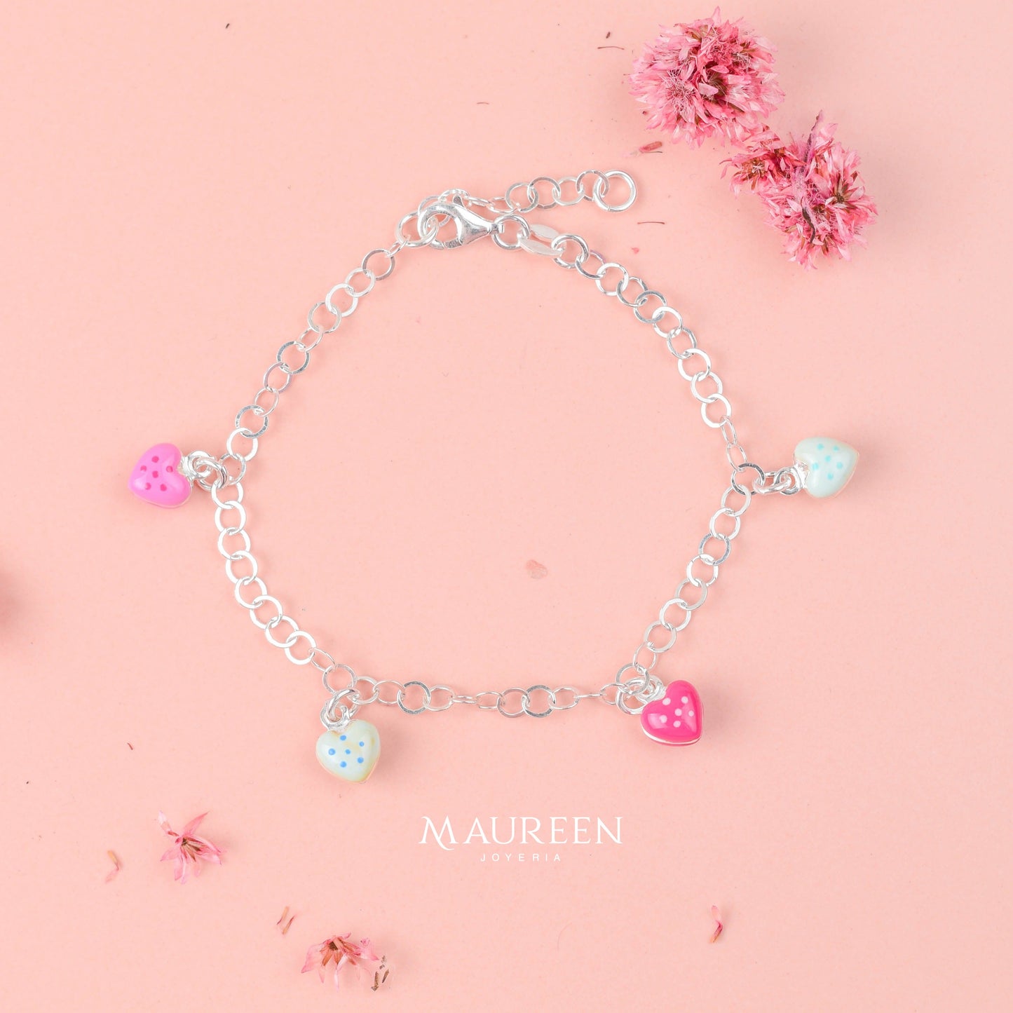 Pulsera para niñas dijes corazones - Plata