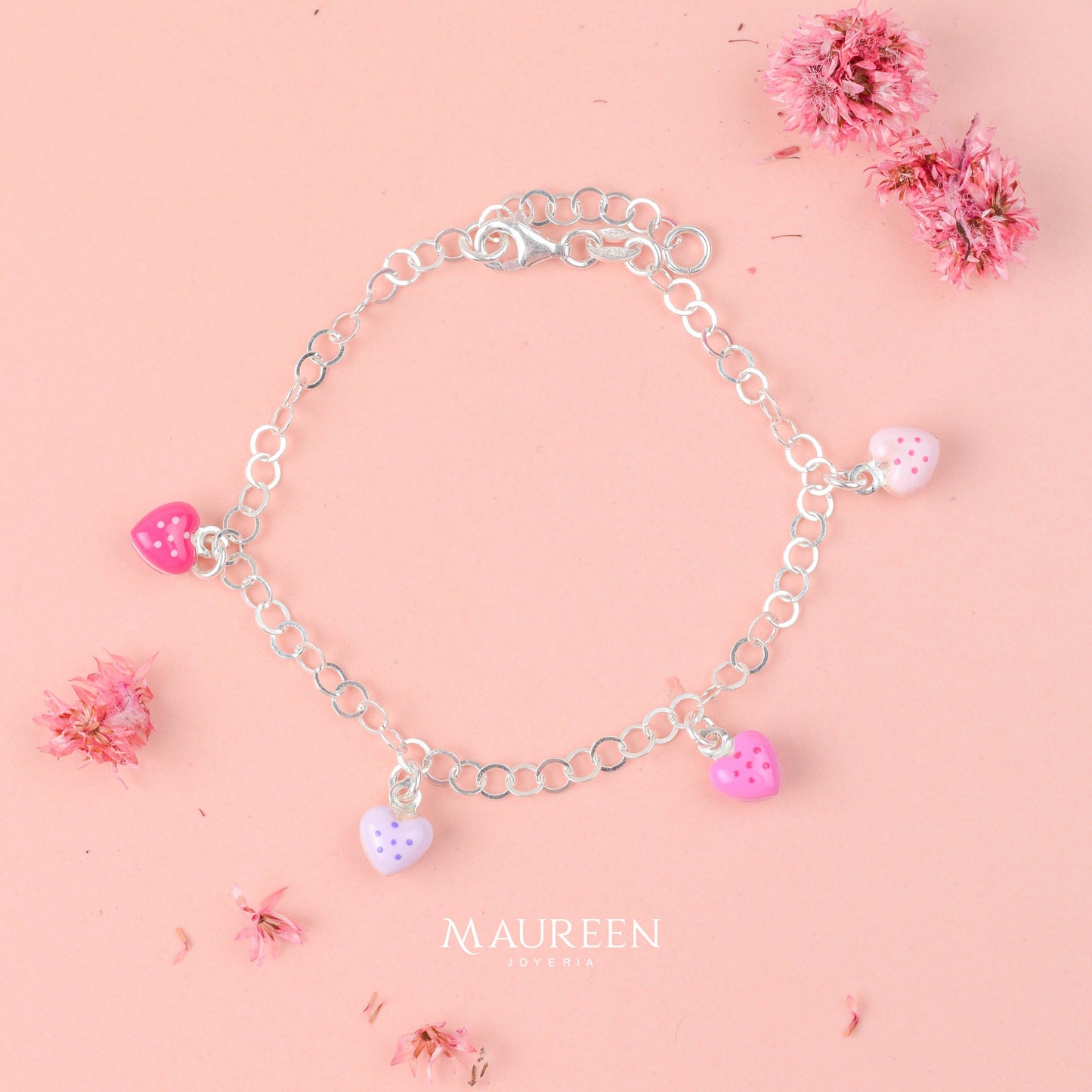 Pulsera para niñas dijes corazones - Plata