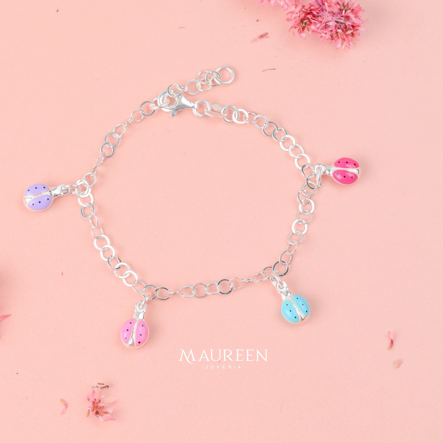 Pulsera para niñas dijes mariquita de colores - Plata