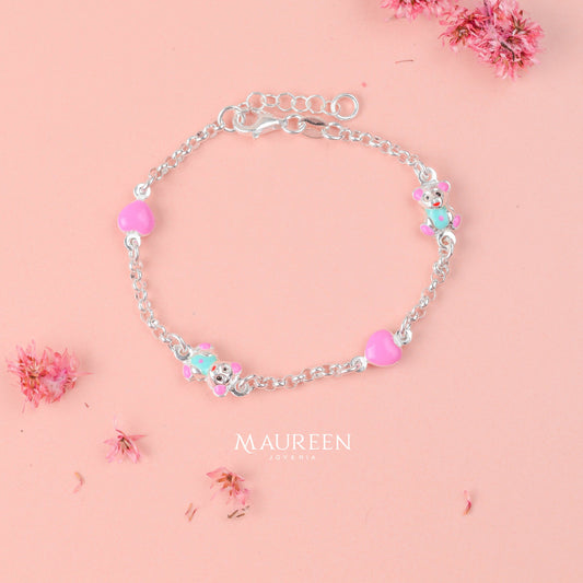 Pulsera para niña oso y corazones - Plata