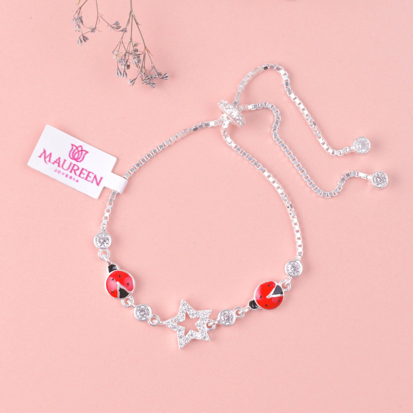 Pulsera regulable estrella y mariquita - Plata