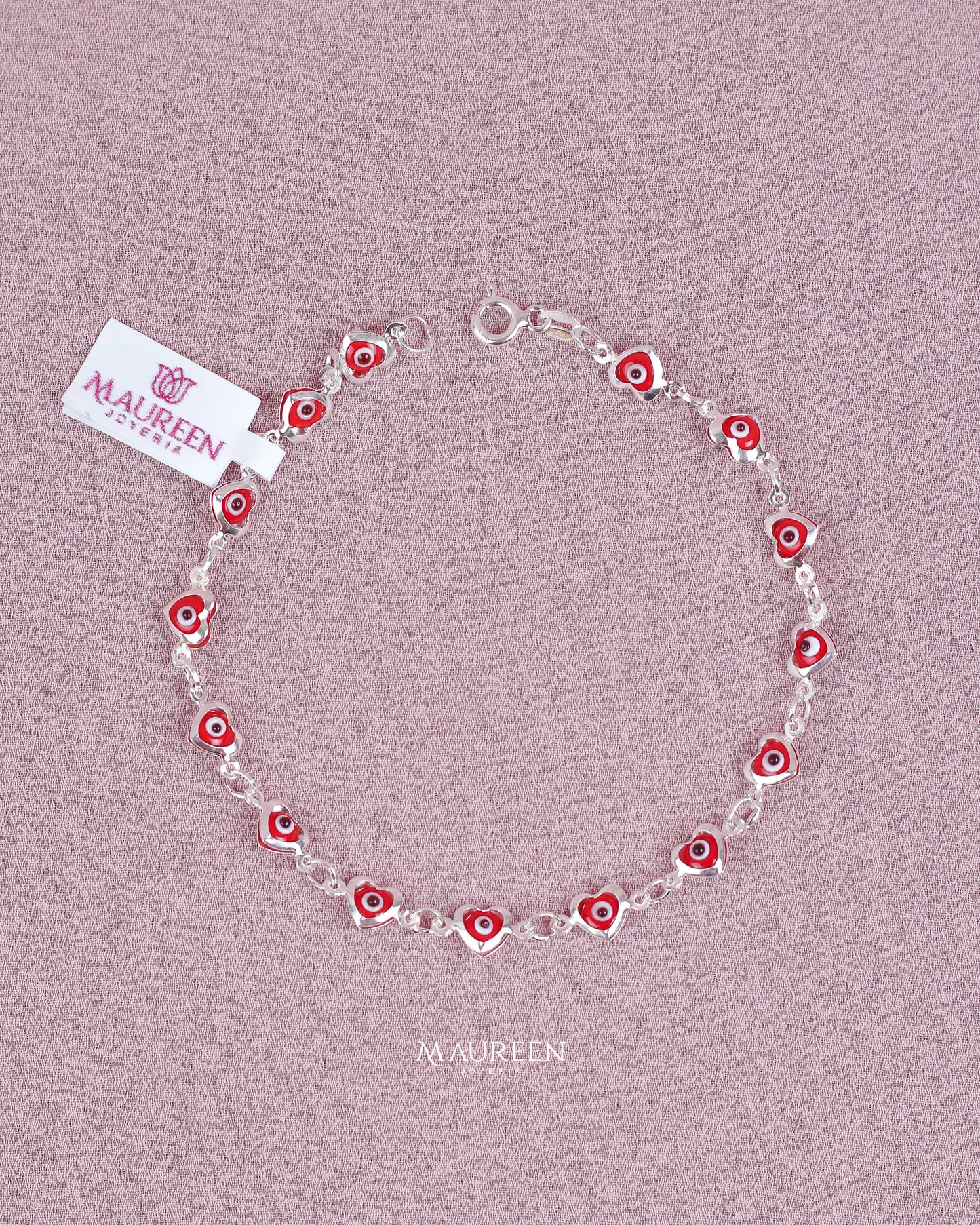 Pulsera ojo turcos forma de corazón rojo  - Plata